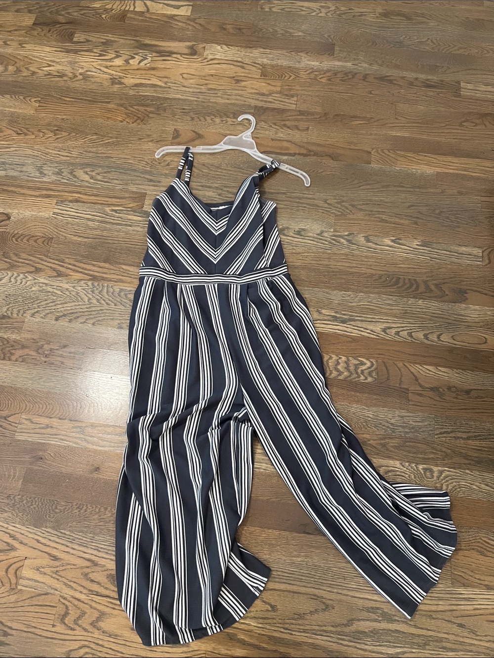 Xhilaration Navy and White Striped Spaghetti-Strap Jumpsuit. EUC